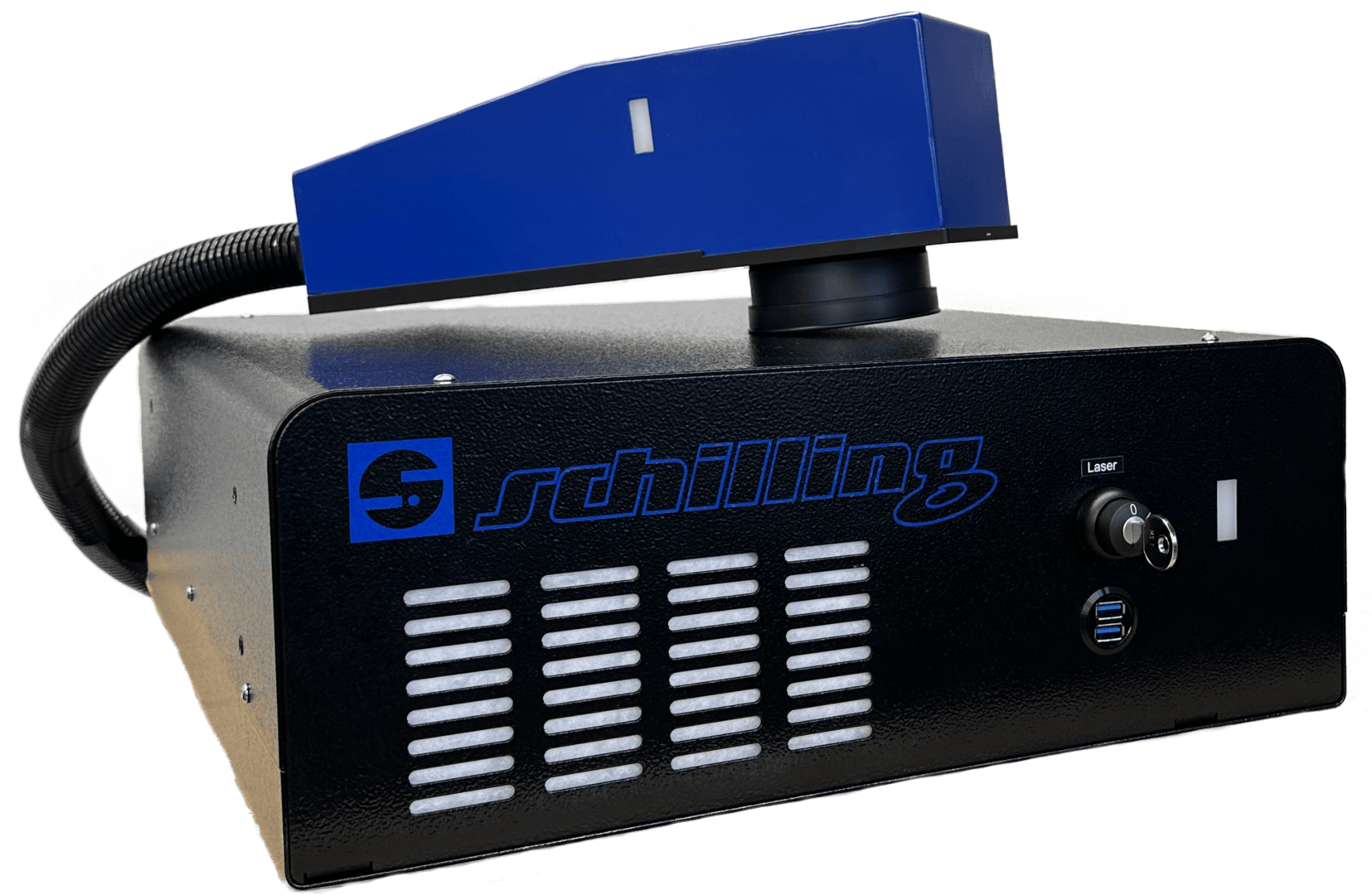 A black and blue electronic device labeled Schilling with ventilation openings, operating buttons, USB ports and a flexible hose attachment on a white background.