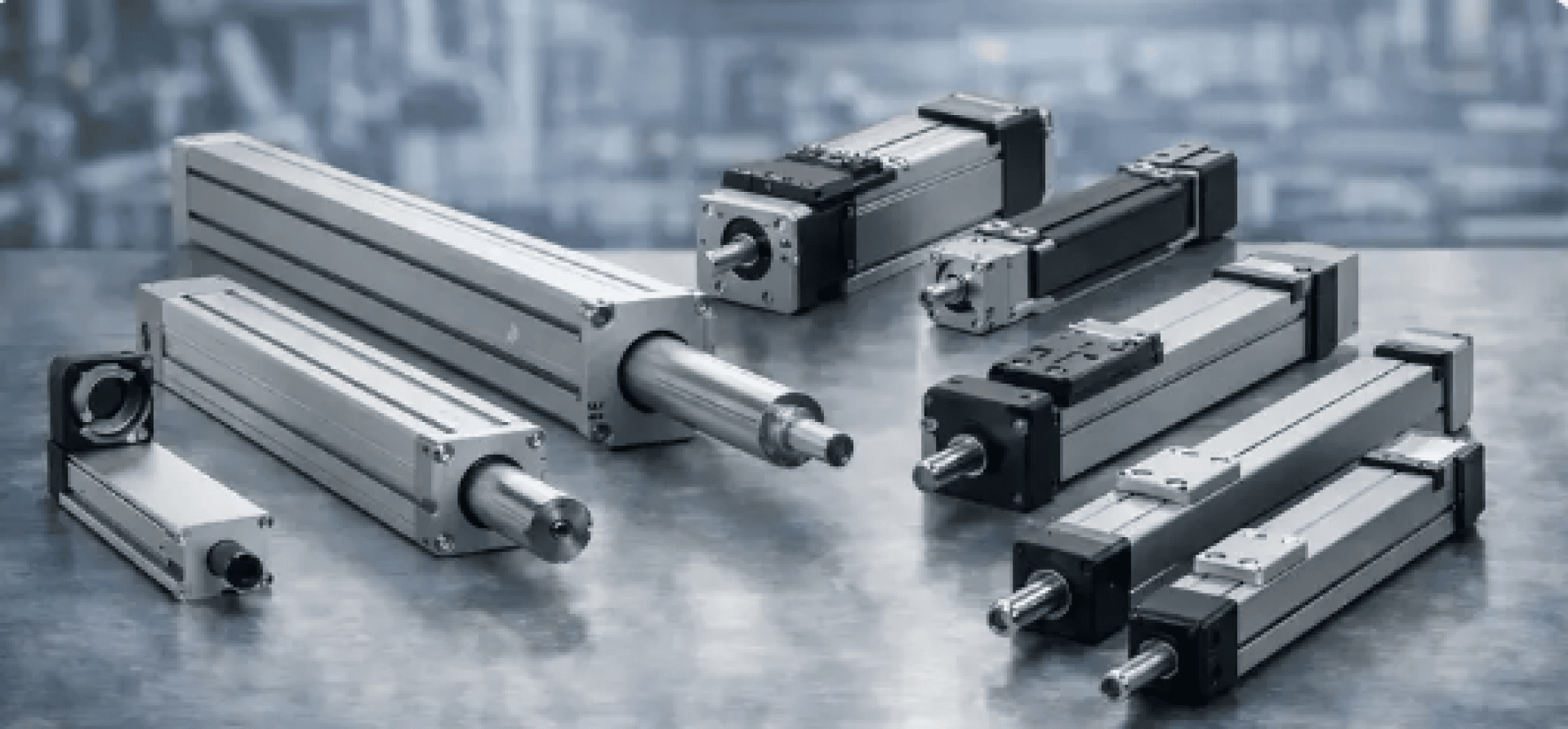 A series of metallic industrial electric actuators and linear motion devices are arranged on a reflective surface with a blurred mechanical background.