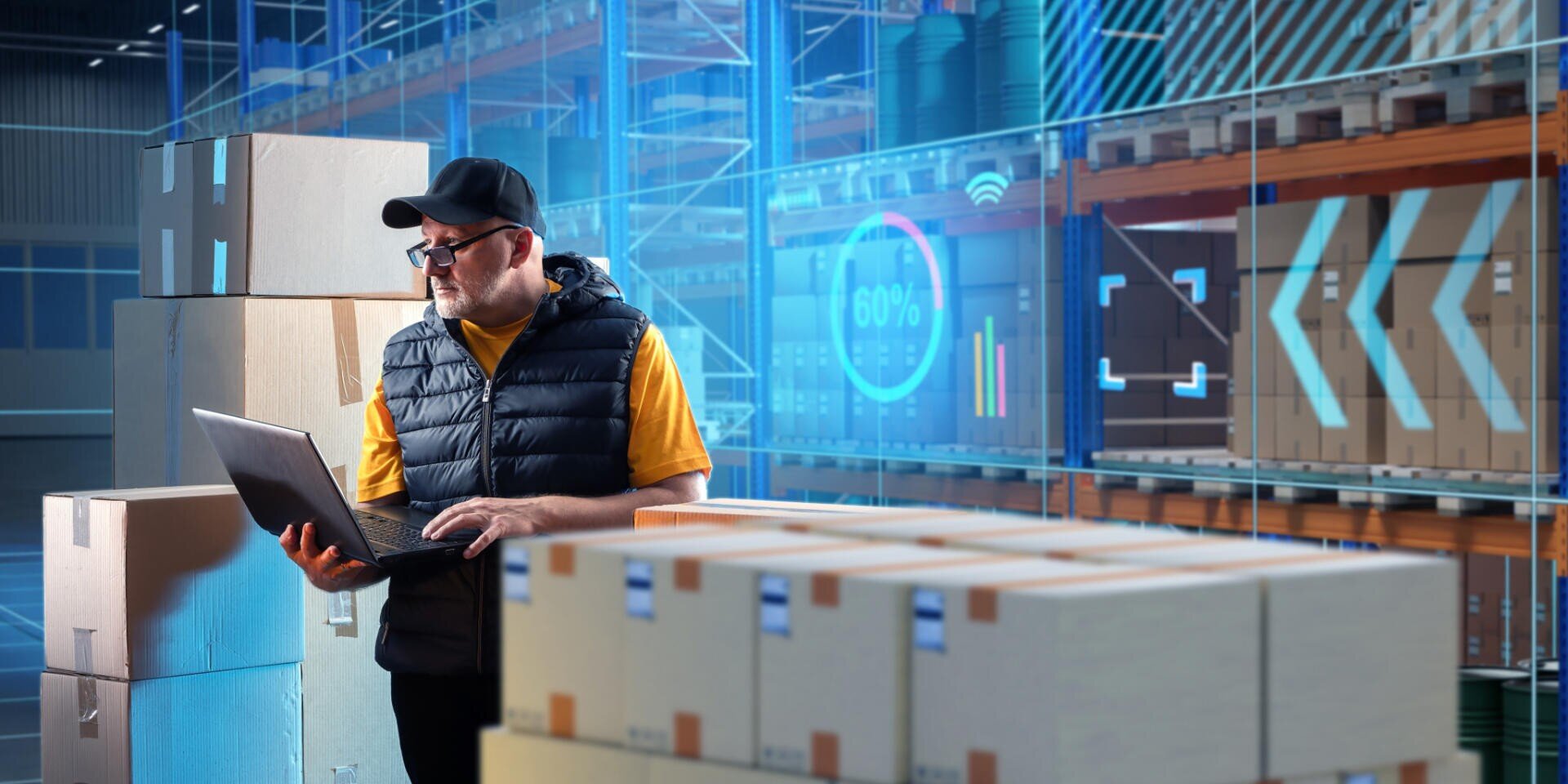 A warehouse worker in a cap and vest uses a laptop among stacked boxes, with digital graphics displaying inventory data and shelves in the background.