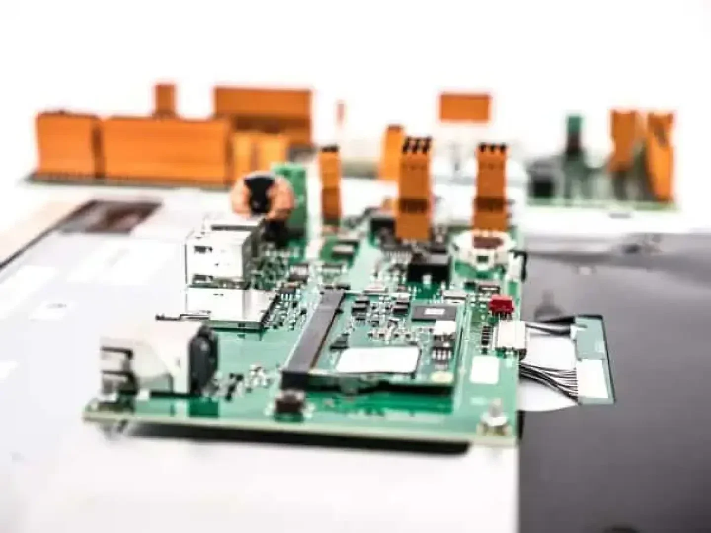 A close-up of a green electronic circuit board with various ports, components, and orange connectors, placed on a white surface with a blurred background.