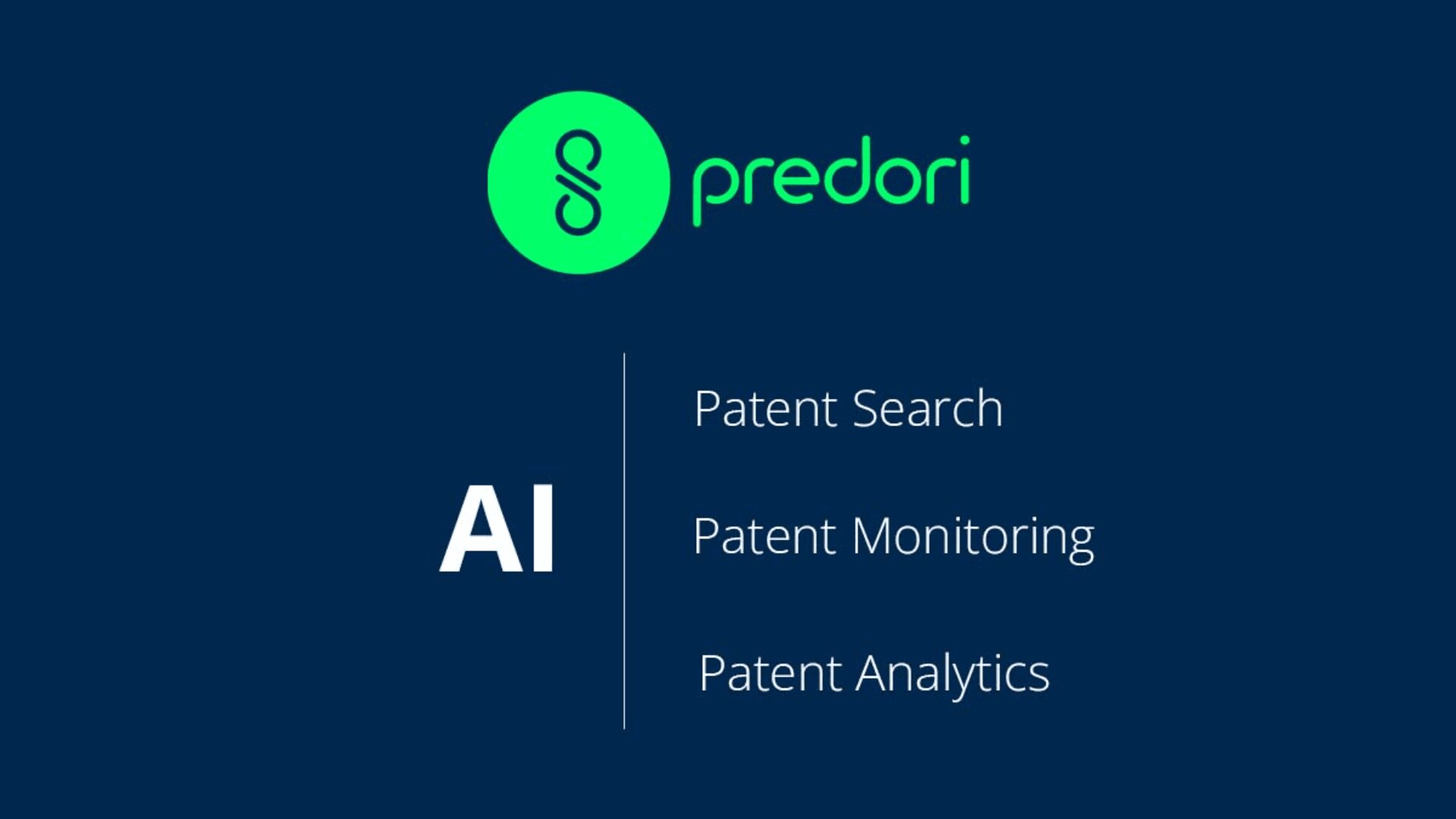 Predori logo and name with text: AI Patent Search, Patent Monitoring, Patent Analytics on a dark blue background.