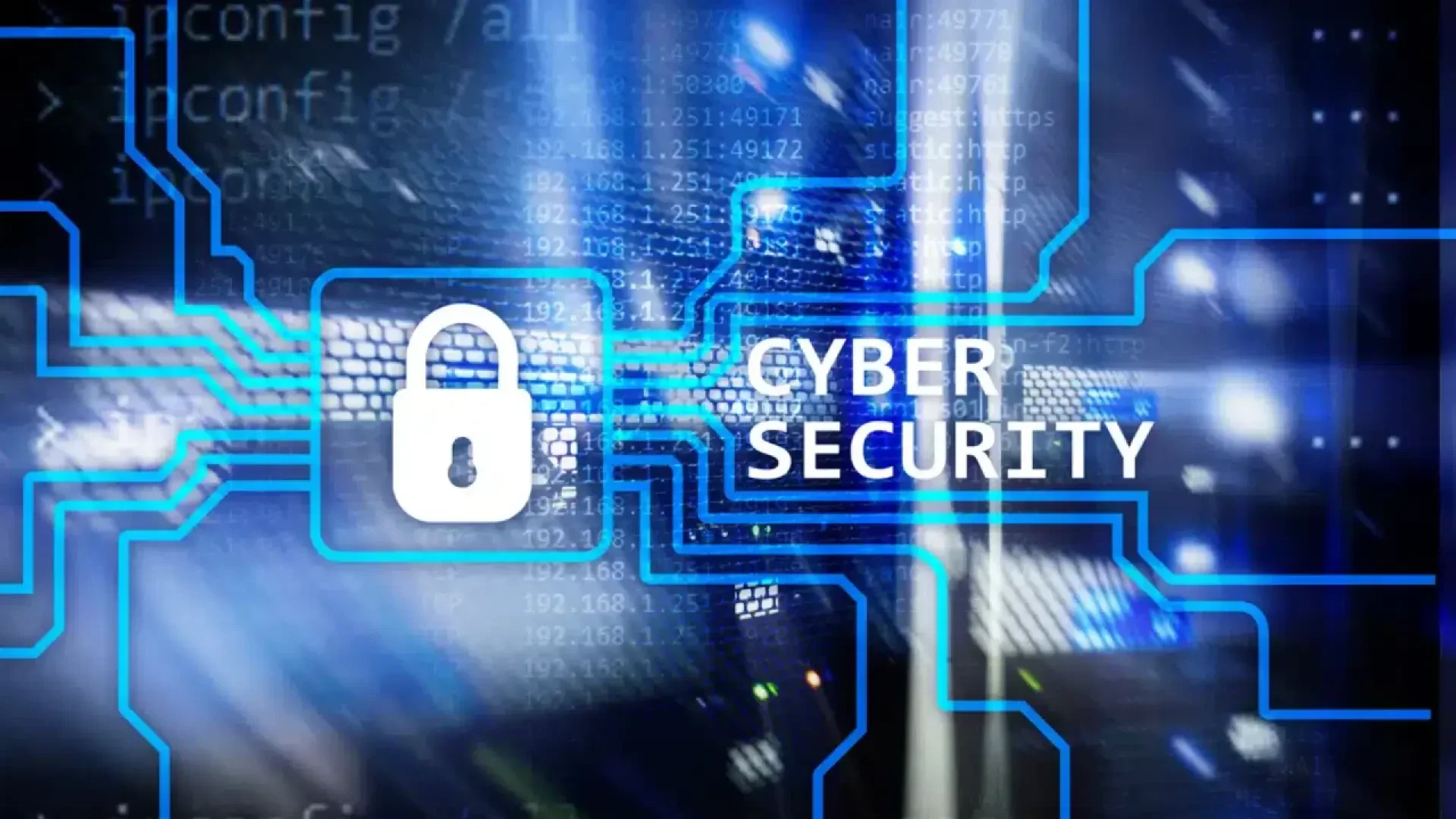 A digital illustration featuring a padlock icon and the words Cyber Security with blue circuitry patterns and binary code in the background, symbolizing digital protection and online security.