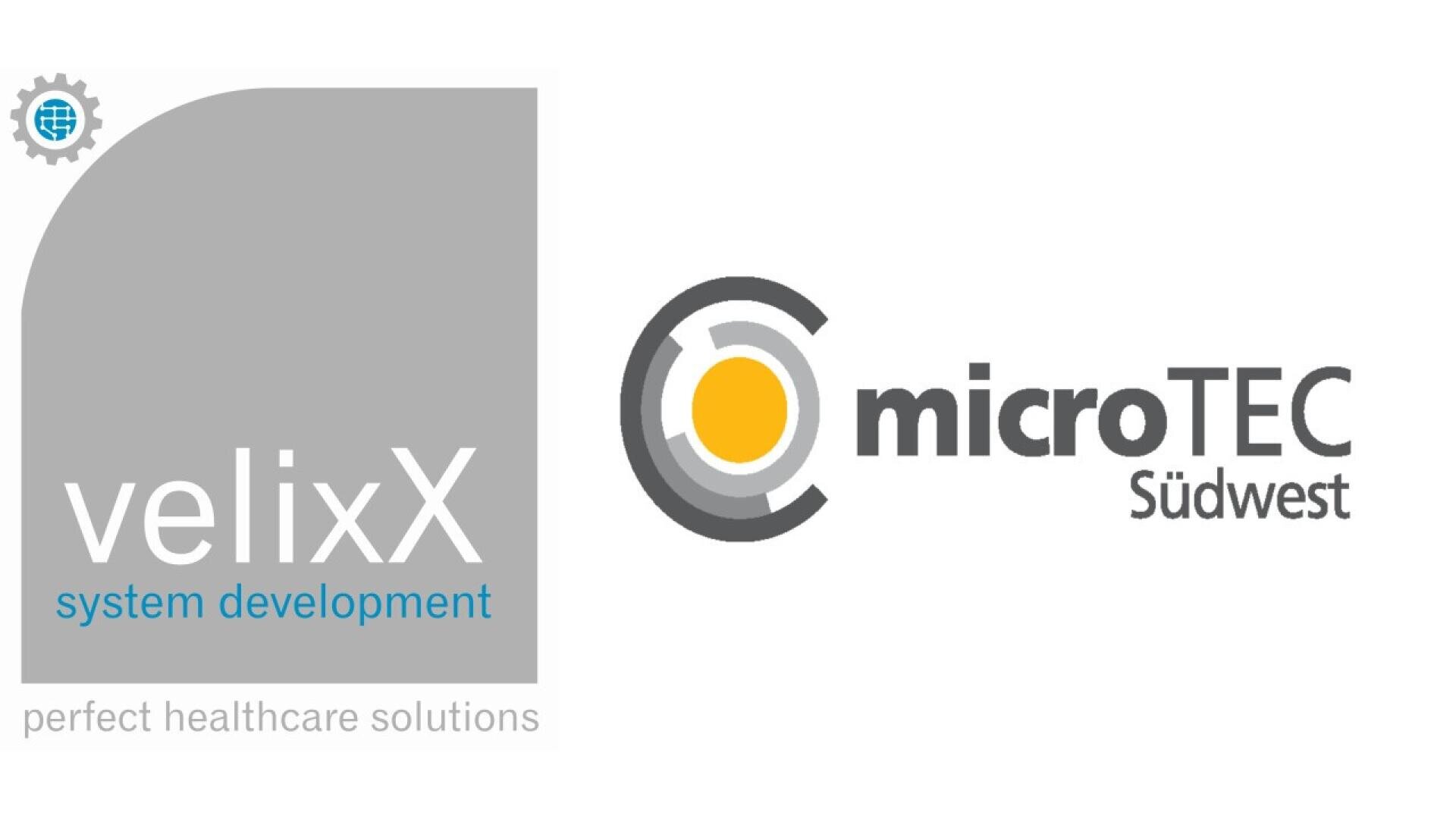 Two logos: On the left, velixX system development with a gray background and perfect healthcare solutions below. On the right, the microTEC Südwest logo with stylized circular graphic and text in gray and yellow.