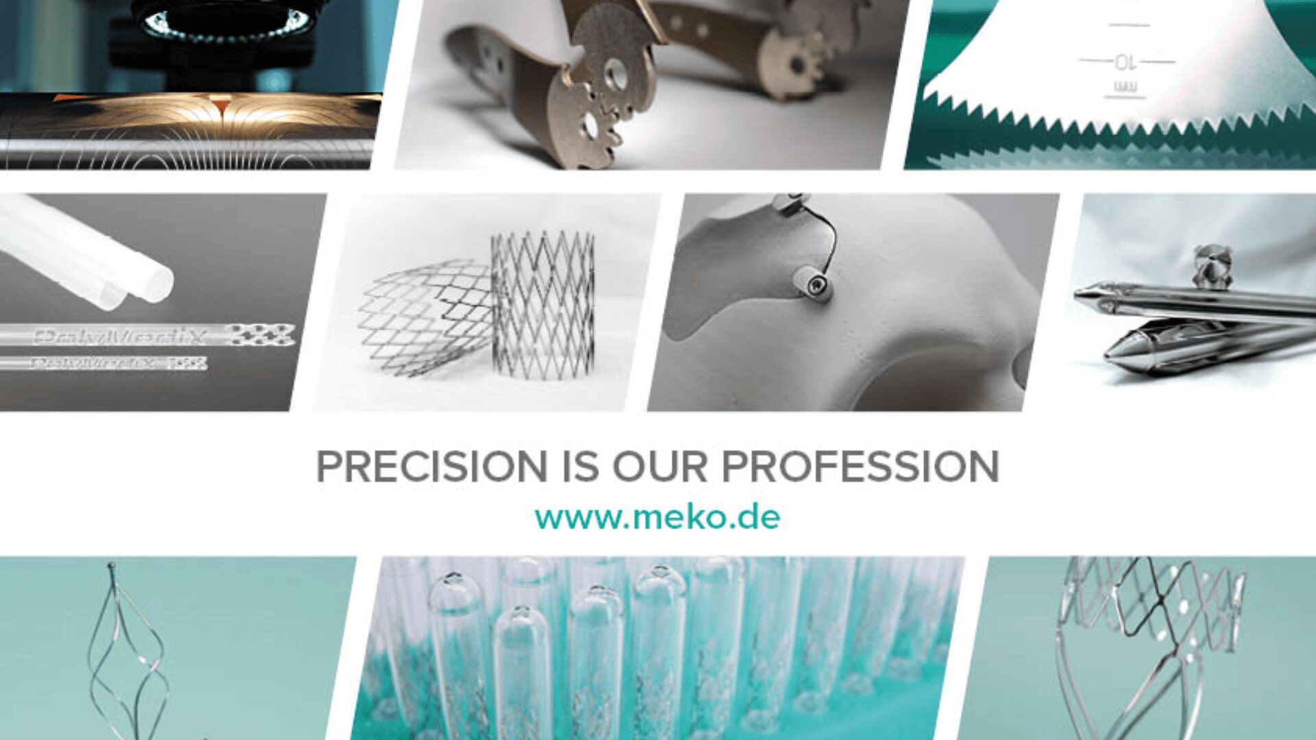 Eine Collage aus medizinischen und wissenschaftlichen Instrumenten und Komponenten mit dem Text „PRÄZISION IST UNSER BERUF“ in der Mitte www.meko.de. Die Bilder umfassen Stents, Schläuche, Drähte und präzisionsgeschnittene Metallteile.
