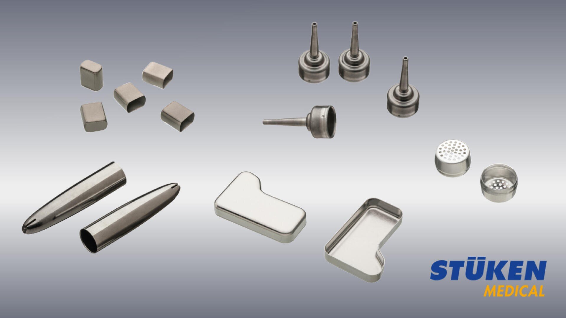 A variety of small metallic medical components are displayed on a gradient background, with the STÜKEN MEDICAL logo in blue and yellow at the bottom right corner.