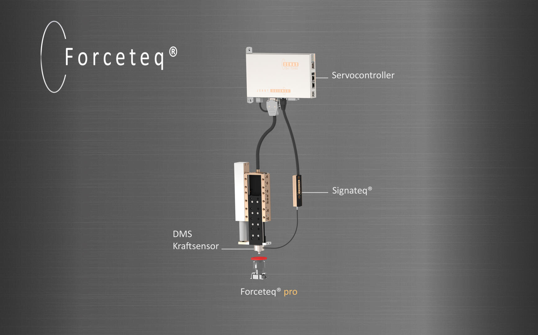 Das Diagramm zeigt die Forceqetq-Ausrüstung: ein Servoregler, der mit einer Signateq-Einheit verbunden ist, die an einem DMS-Kraftsensor befestigt ist, und unten mit Forceteq pro beschriftet ist, alles auf grauem Hintergrund.