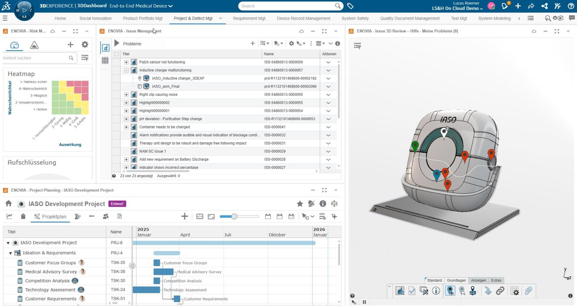 Ein Computerbildschirm zeigt ein Projektmanagement-Dashboard mit einer Heatmap, einer Problemliste, einer Zeitleiste in Form eines Gantt-Diagramms und einem 3D-Modell eines medizinischen Geräts mit beschrifteten Komponenten und markierten Abschnitten.