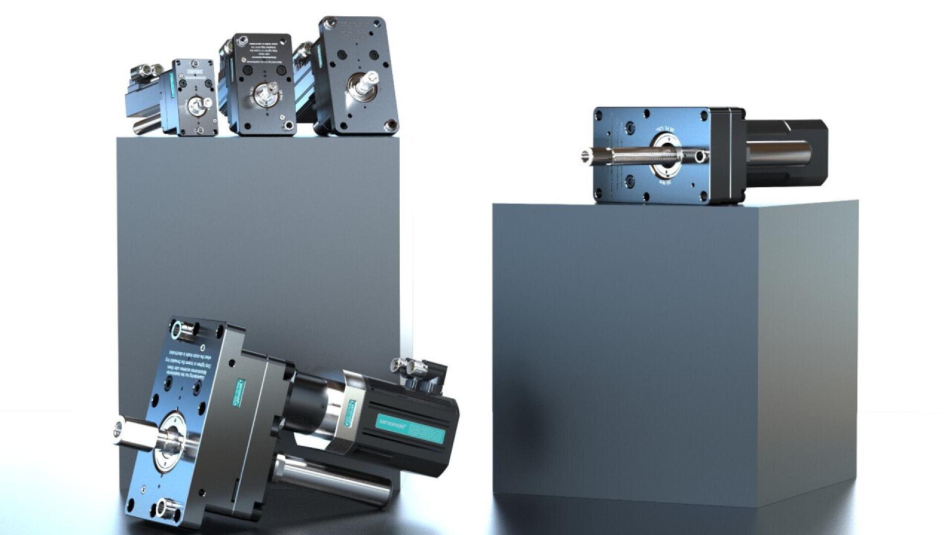 Four compact mechanical devices or actuators with metallic and black finishes are displayed on and beside gray pedestals against a white background, highlighting their precision engineering and clean design.