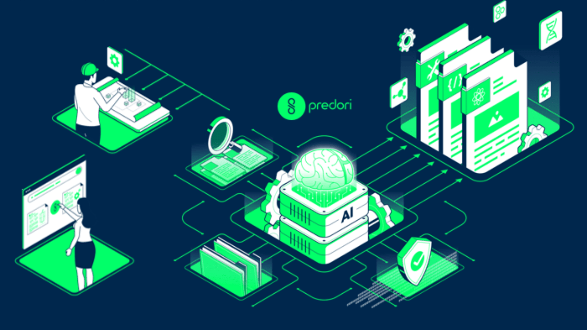 A digital illustration shows people interacting with various tech devices and documents connected to a central AI processor labeled predori, symbolizing data analysis, security, and innovation in artificial intelligence.