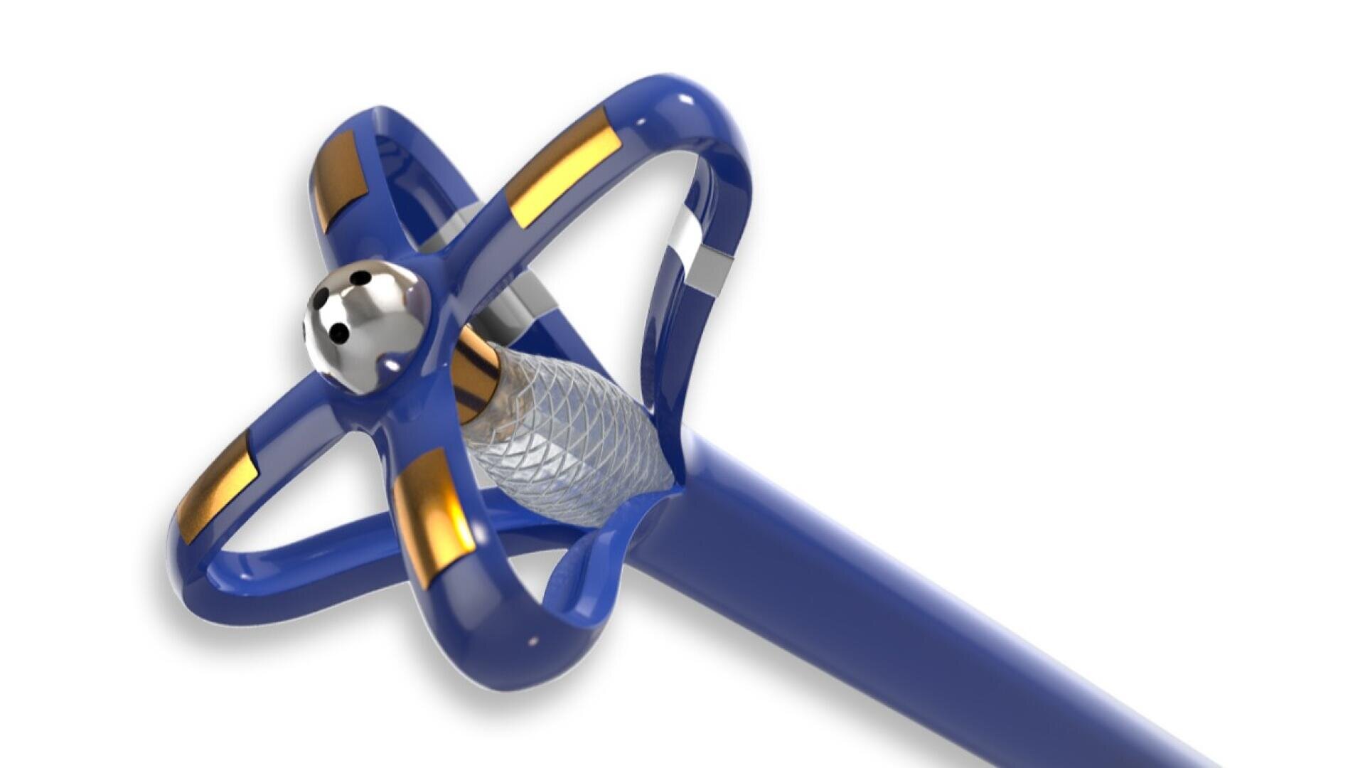 Eine Nahaufnahme eines blauen Schwertgriffs mit goldenen Akzenten und einem silbernen, strukturierten Griff. Die Parierstange wölbt sich in vier Schlaufen nach außen, und der Knauf ist metallisch und hat eine glatte, abgerundete Form. Das Bild ist auf weißem Hintergrund.