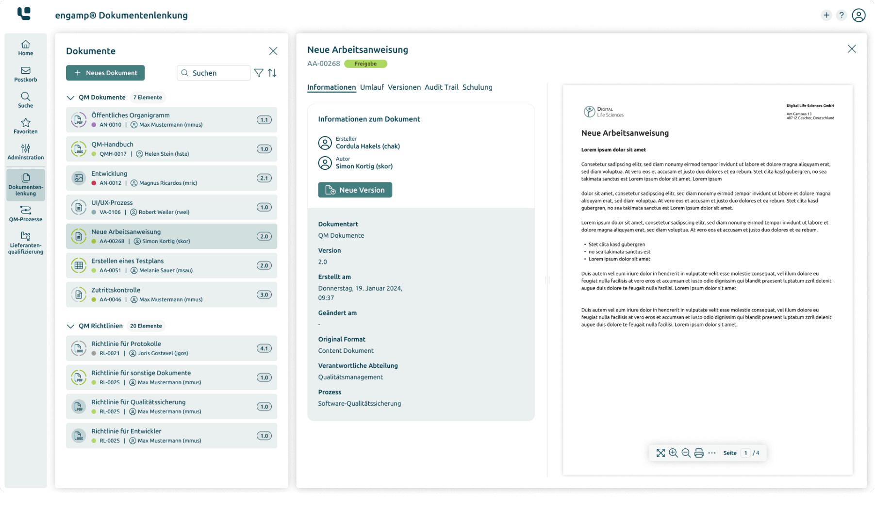 Screenshot of a German-language document management software. The user interface shows a list of documents on the left, document details and actions in the middle and a preview of a document with the title "New work instruction" on the right.
