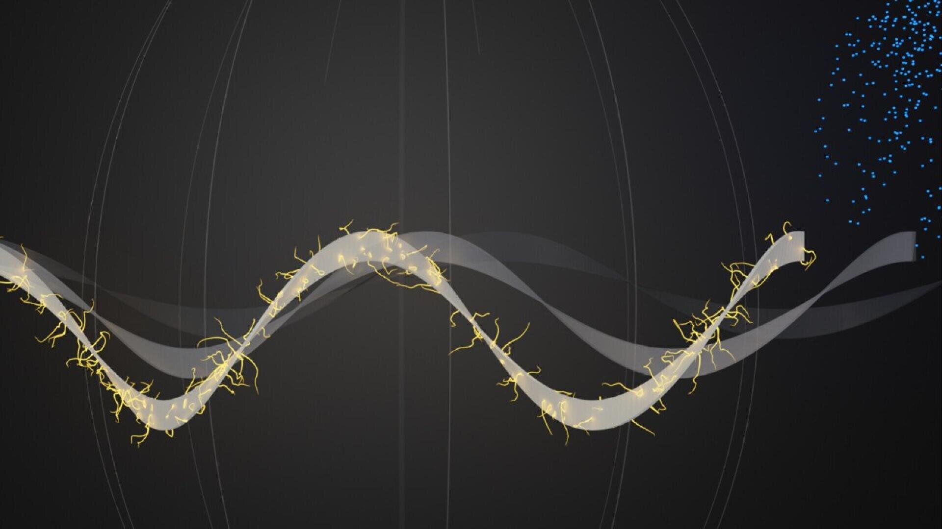 A wavy, ribbon-like white path with small yellow lines overlays a dark background, with faint curved lines and a cluster of small blue dots in the upper right corner.