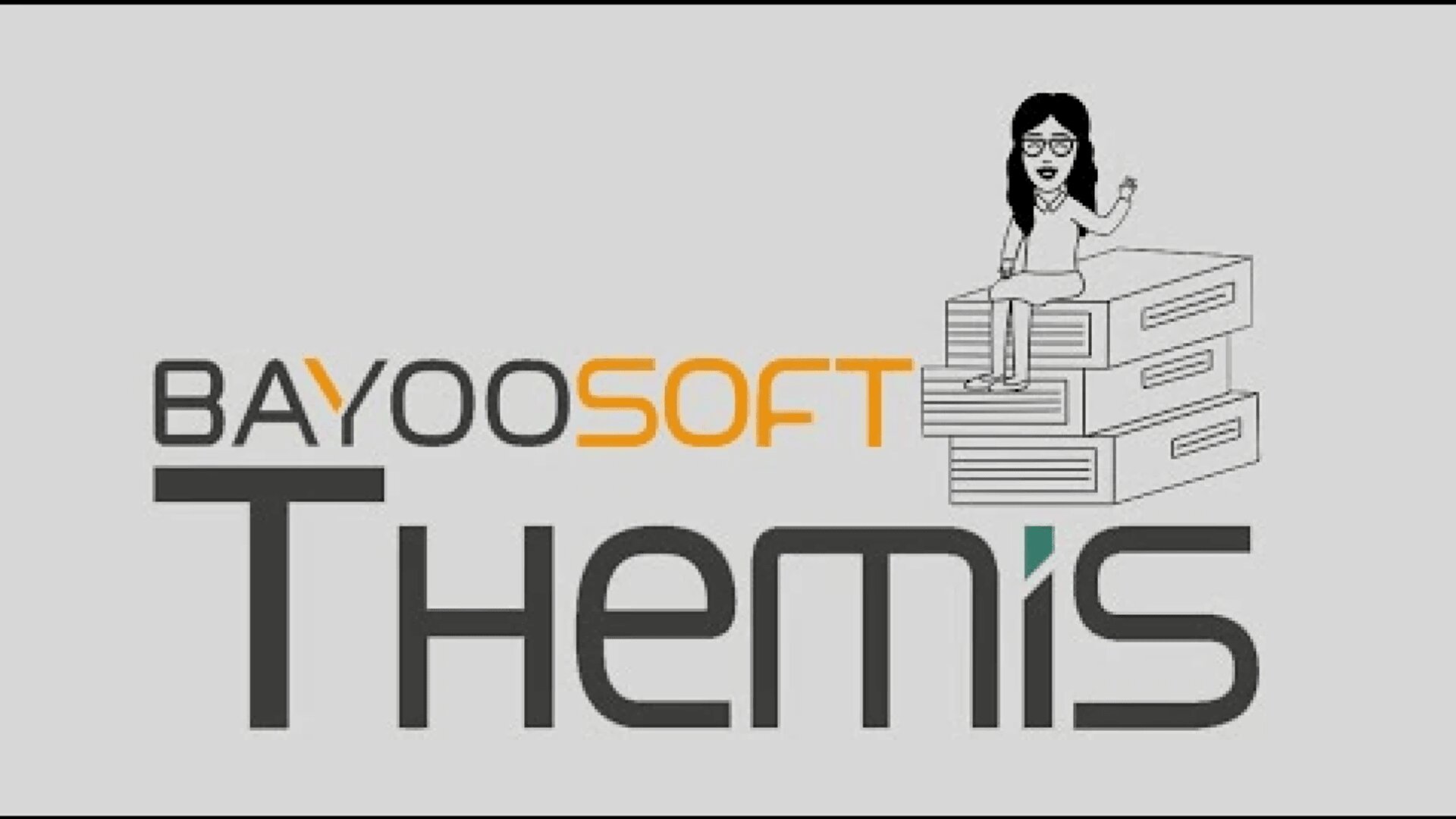Logo für Bayoosoft Themis mit einer Cartoon-Frau, die lächelnd und winkend auf einem Stapel Dokumente oder Akten sitzt. Das Wort „SOFT“ ist orange, der restliche Text schwarz-grau.