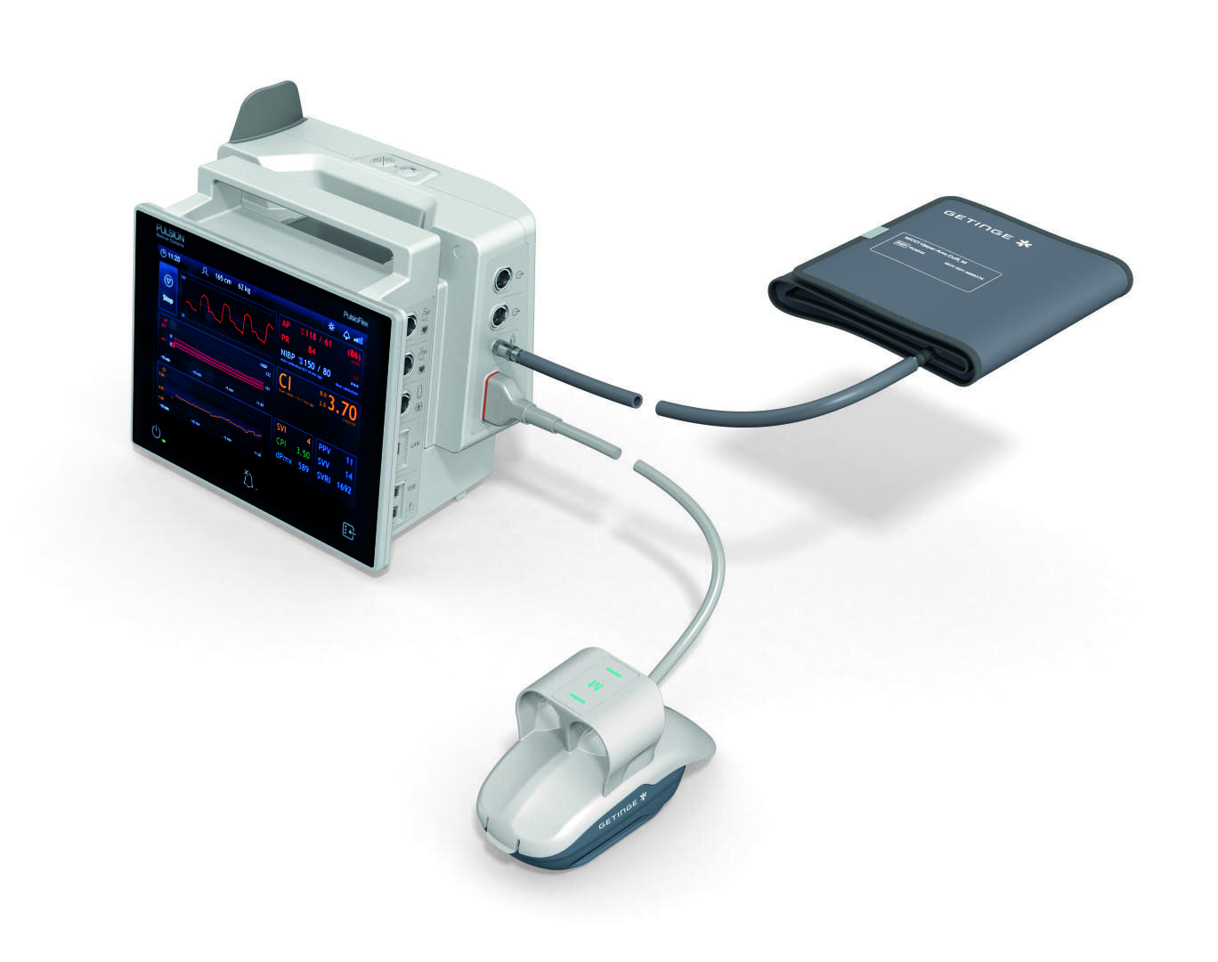 Ein medizinischer Vitalparameter-Monitor mit einem digitalen Bildschirm, der Patientendaten anzeigt, verbunden mit einer Blutdruckmanschette und einem Fingerpulsoximeter, alles auf einem weißen Hintergrund.