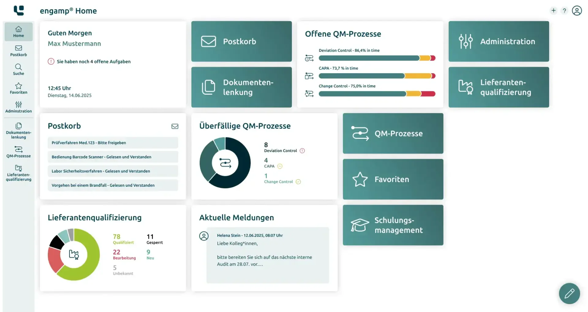 A dashboard interface in German showing widgets for tasks like inbox, document management, open and overdue processes, administration, supplier qualification, notifications, and training management.