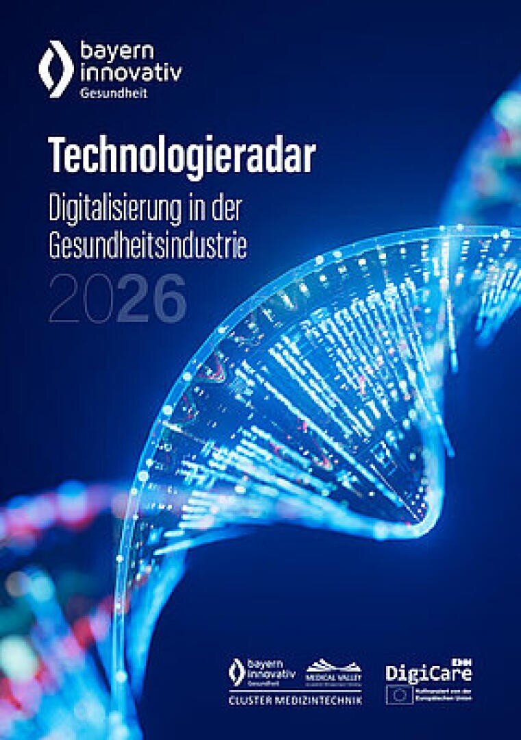 Cover image of a report entitled Technology Radar: Digitalization in the Healthcare Industry 2026, showing a close-up of a DNA double helix illuminated in blue with logos at the bottom.