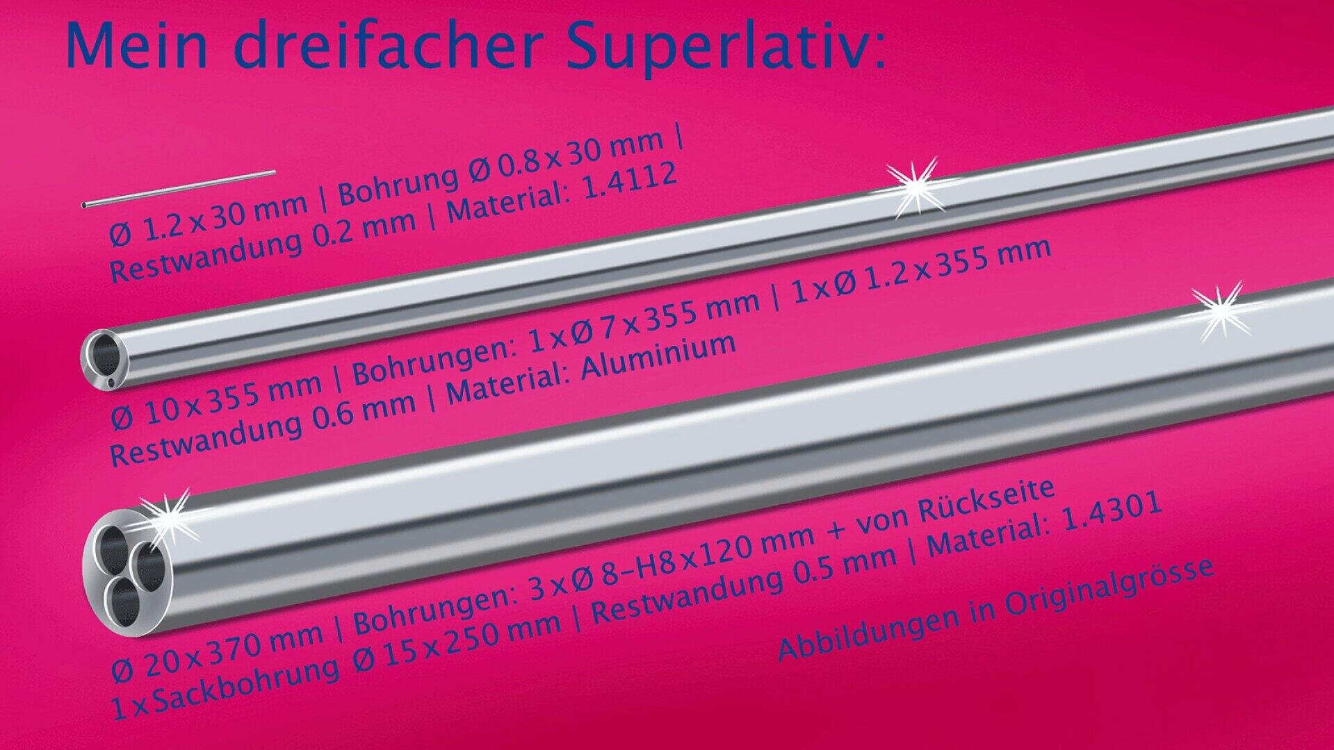 Drei Metallstäbe mit unterschiedlicher Anzahl und Größe von Löchern sind auf einem rosafarbenen Hintergrund abgebildet. Oben und unten links steht in blauer Schrift ein deutscher Text, der die Abmessungen und Materialien der Stäbe beschreibt.