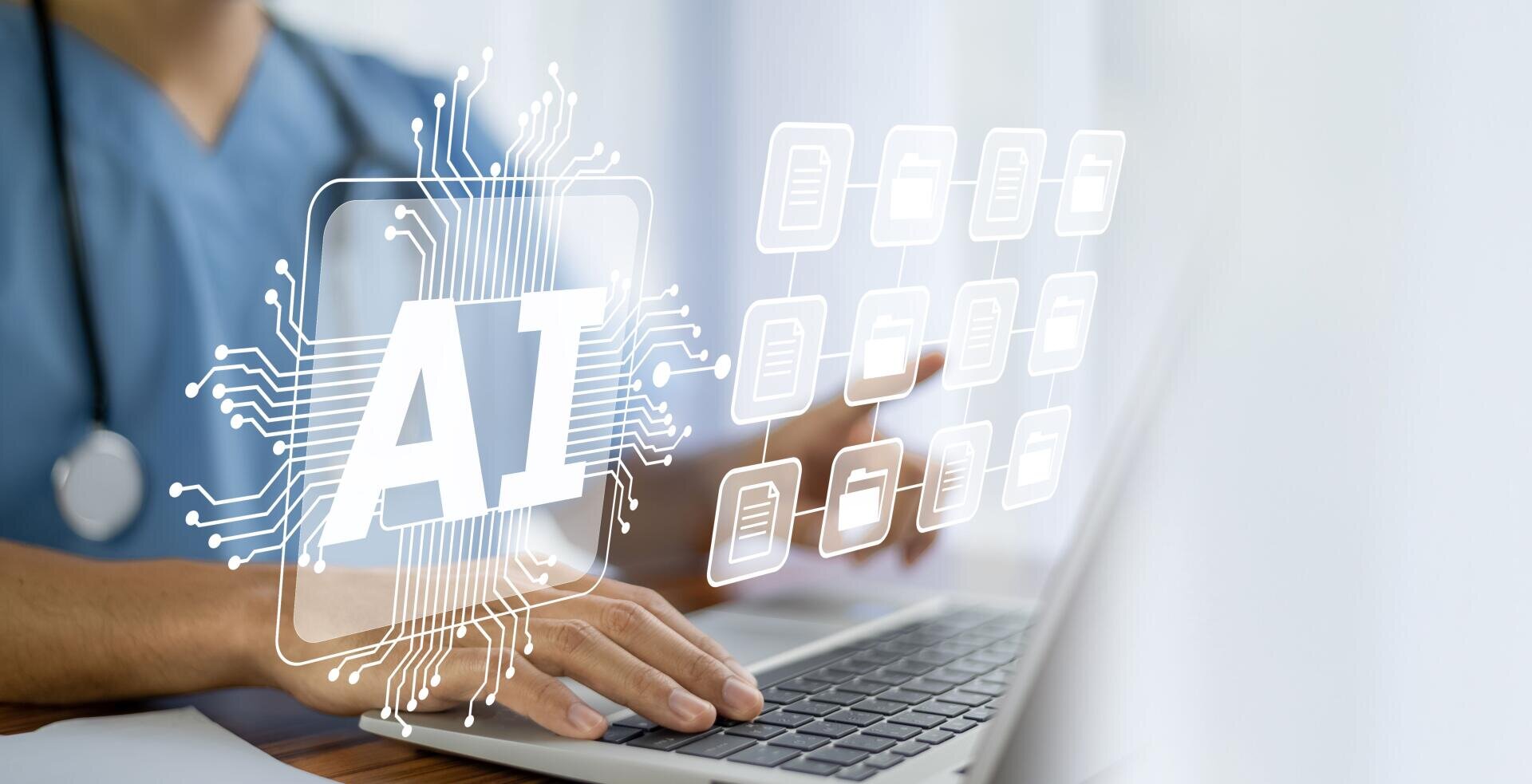 A person in medical clothing types on a laptop on which digital graphics are displayed, including a large artificial intelligence surrounded by a circuit and several document symbols, representing artificial intelligence in healthcare technology.