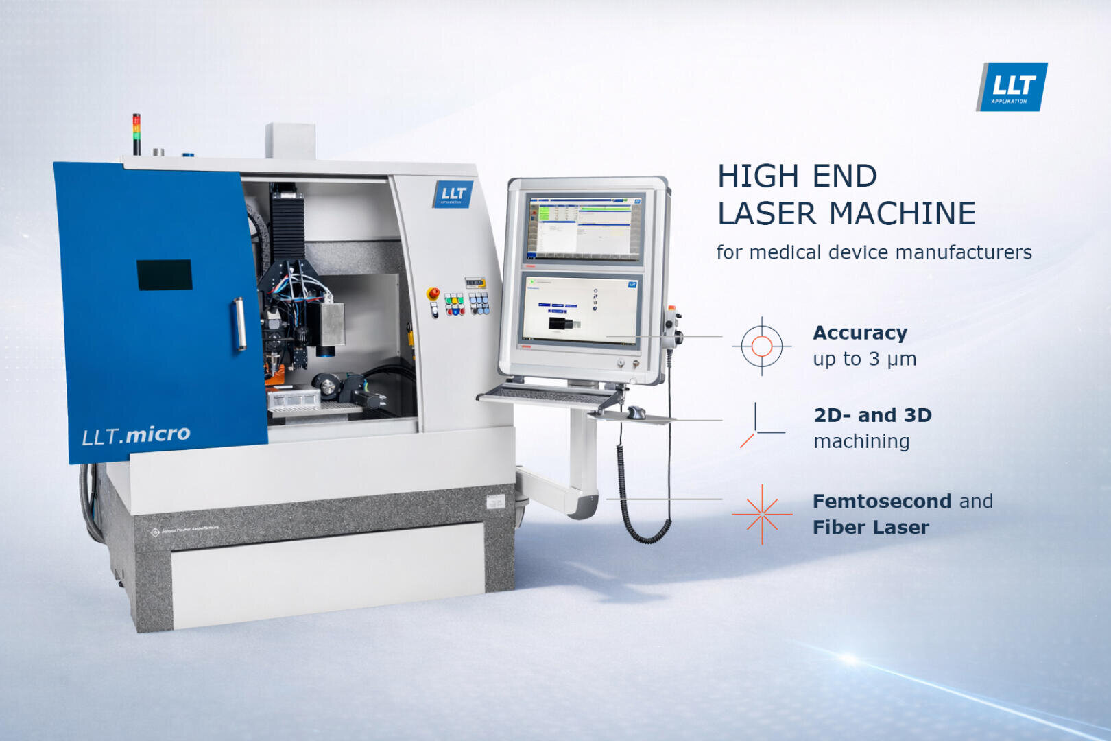 A high-end laser machine for medical device manufacturers, featuring a blue door, control panel with screens, and text highlighting 3μm accuracy, 2D and 3D machining, and femtosecond and fiber lasers.