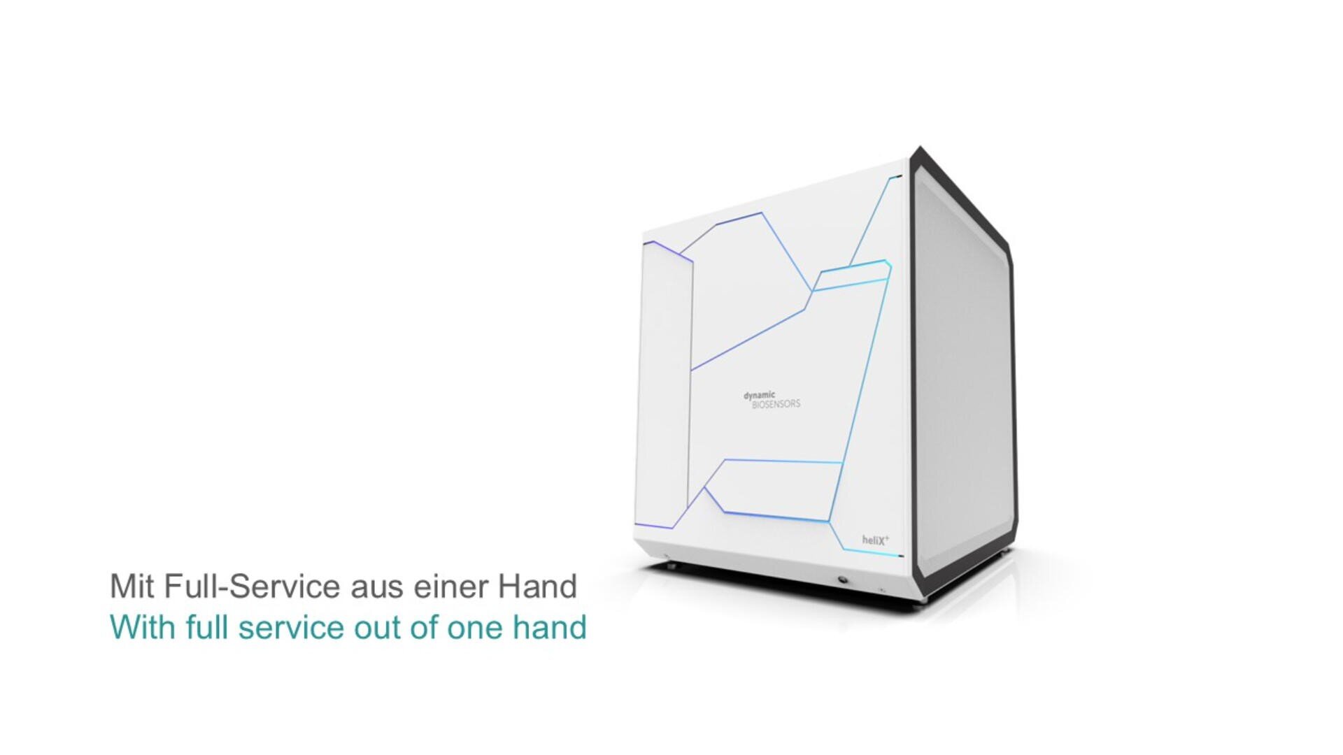 Ein weißes, modernes Gerät mit geometrischen blauen Linien steht auf weißem Hintergrund. Der deutsche und englische Text lautet: „Mit Full-Service aus einer Hand“.