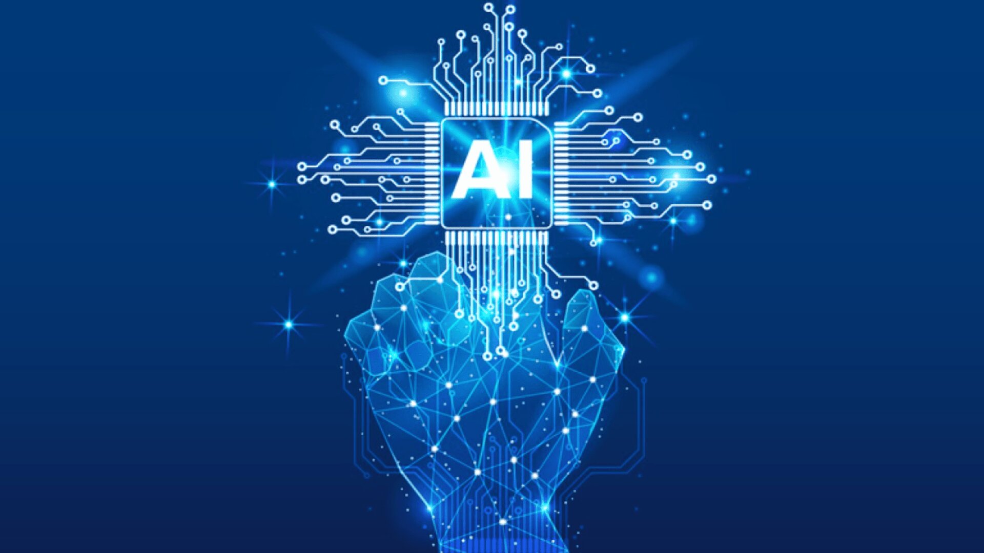 A digital illustration of a glowing, blue polygonal hand reaching up to touch a microchip labeled AI, with circuit lines radiating from the chip on a dark blue background.