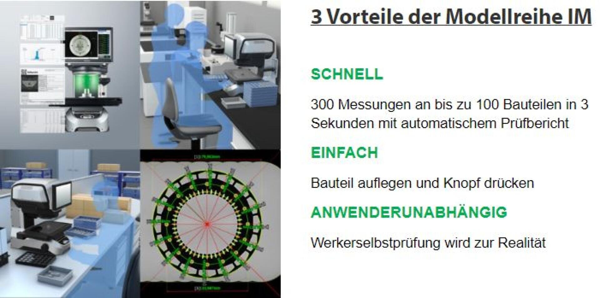 Collage mit einem Messgerät im Labor, digitalen Messergebnissen, einer kreisförmigen Messgrafik und drei Vorteilen der IM-Serie: schnelle, einfache und benutzerunabhängige Bedienung, beschrieben im deutschen Text.