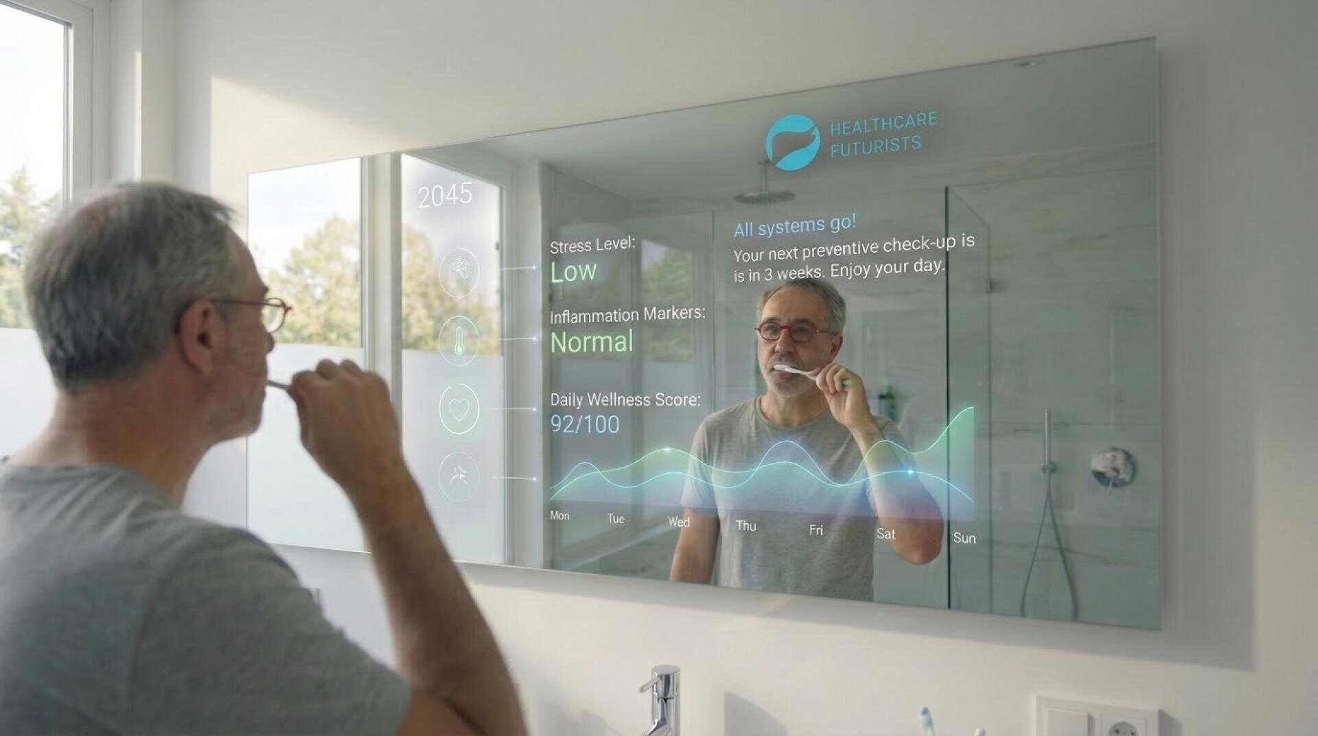 Ein Mann putzt sich die Zähne vor einem intelligenten Spiegel, der Gesundheitsdaten anzeigt, darunter Stresslevel, Entzündungsmarker, Wellness-Score und eine Erinnerung an eine Vorsorgeuntersuchung.