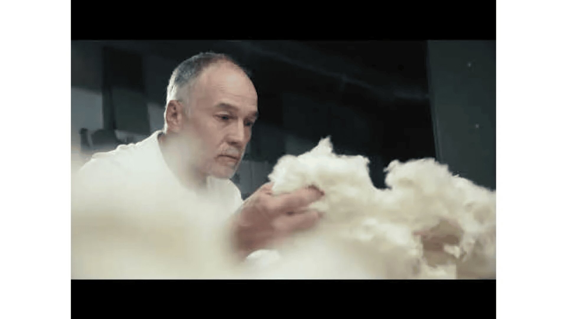 Ein Mann mit kurzen grauen Haaren untersucht ein großes Bündel flauschiger weißer Wolle oder Fasern in seinen Händen und konzentriert sich dabei auf die Textur. Der Hintergrund ist schwach beleuchtet, was auf eine Industrie- oder Werkstattumgebung hindeutet.