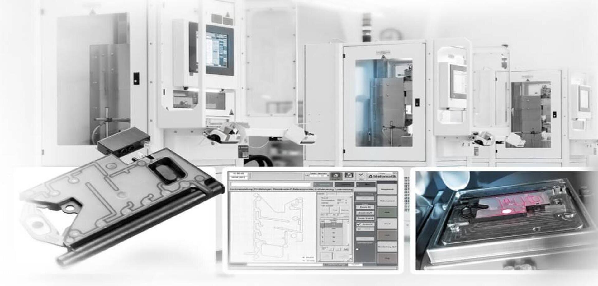 Ein modernes Industrielabor mit automatisierten Maschinen; die eingefügten Bilder zeigen eine Metallkomponente, eine Computerschnittstelle mit Designsoftware und eine Nahaufnahme eines Teils, das unter rotem Licht gescannt oder verarbeitet wird.