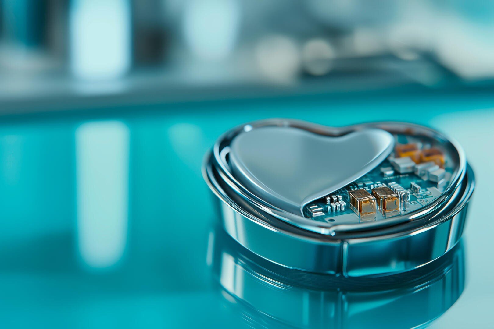 Eine Nahaufnahme eines herzförmigen medizinischen Geräts mit sichtbaren elektronischen Komponenten, das auf einer reflektierenden blauen Oberfläche ruht und auf fortschrittliche Medizintechnik wie einen Herzschrittmacher hindeutet.