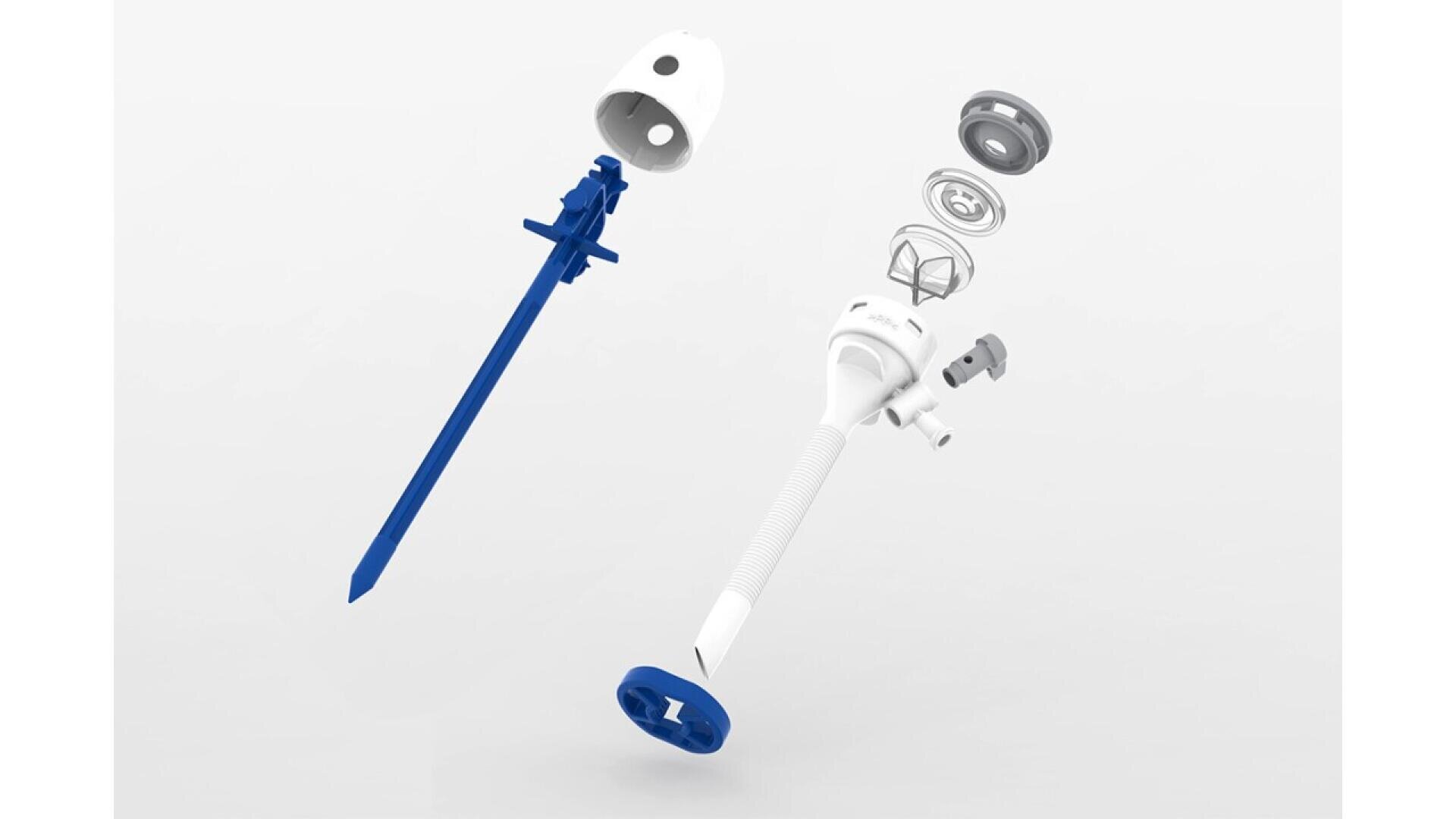 Exploded view of a medical device with blue and white components, including a spike, cap, and circular attachments, shown separated and floating against a plain white background.