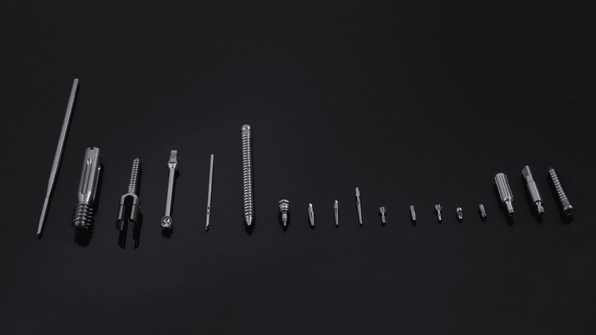 A row of various metallic surgical implants and tools is arranged in descending order of size on a black background.