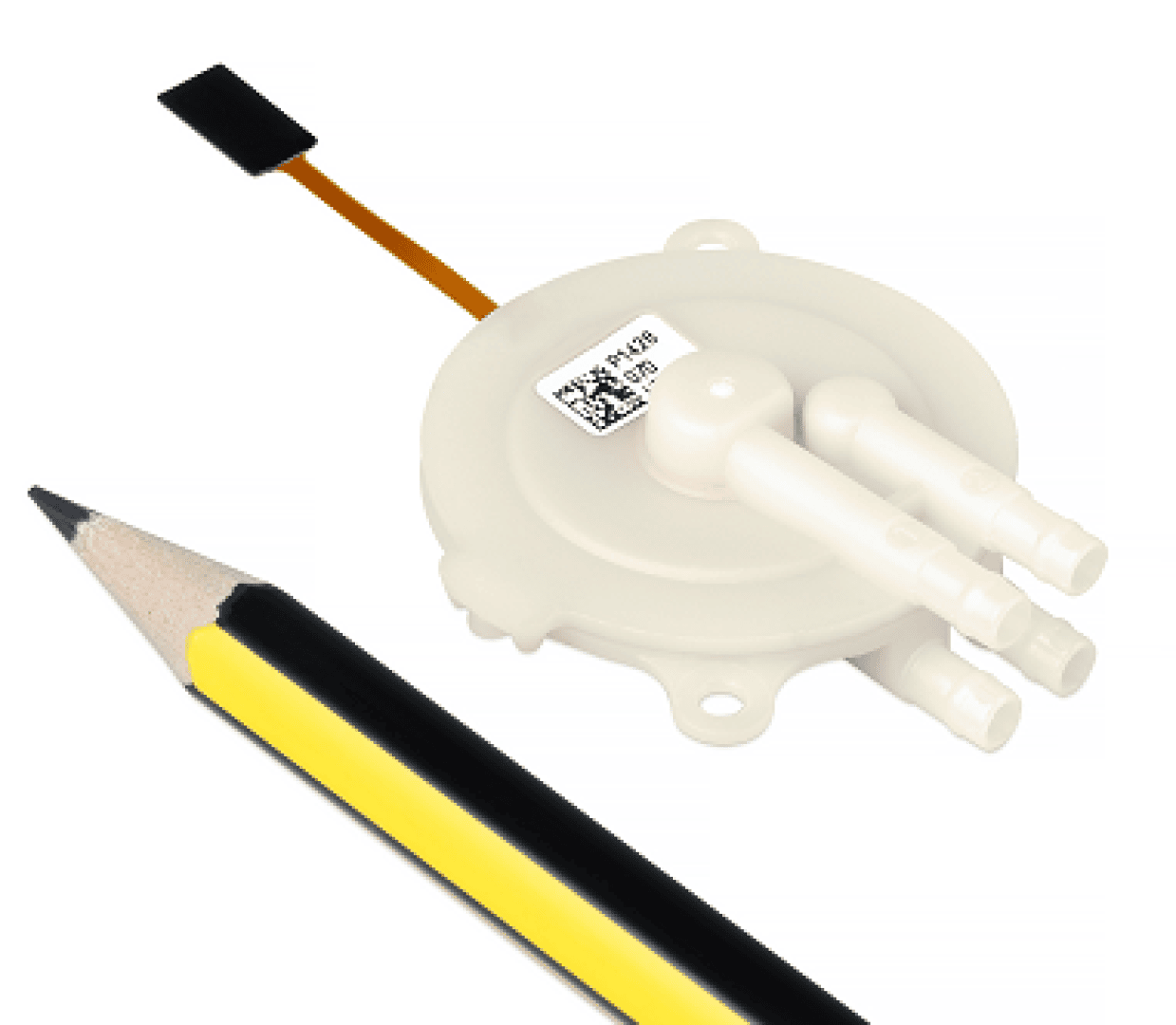 A round white plastic sensor with three tube connectors and a flat flex cable sits next to a yellow and black pencil for size comparison on a white background.