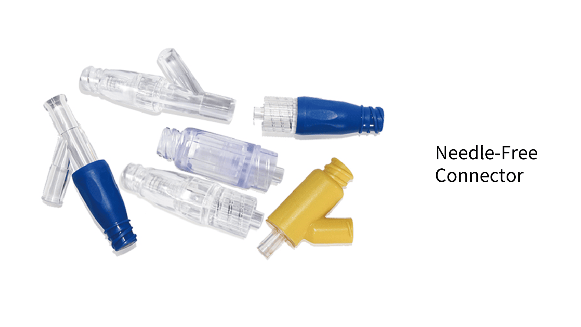 Mehrere nadelfreie medizinische Konnektoren in blauer, gelber und transparenter Farbe sind auf weißem Hintergrund neben dem Text Needle-Free Connector angeordnet.