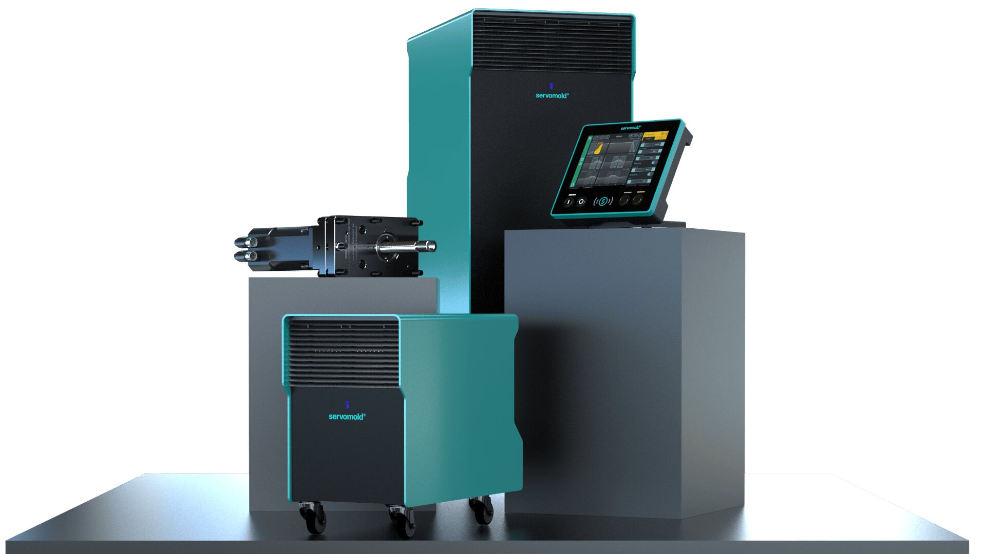 Eine Reihe industrieller Geräte: eine große und eine kleine schwarz-gelbe Maschine, eine digitale Steuertafel mit Display und ein mechanisches Bauteil, die alle auf grauen Plattformen stehen.