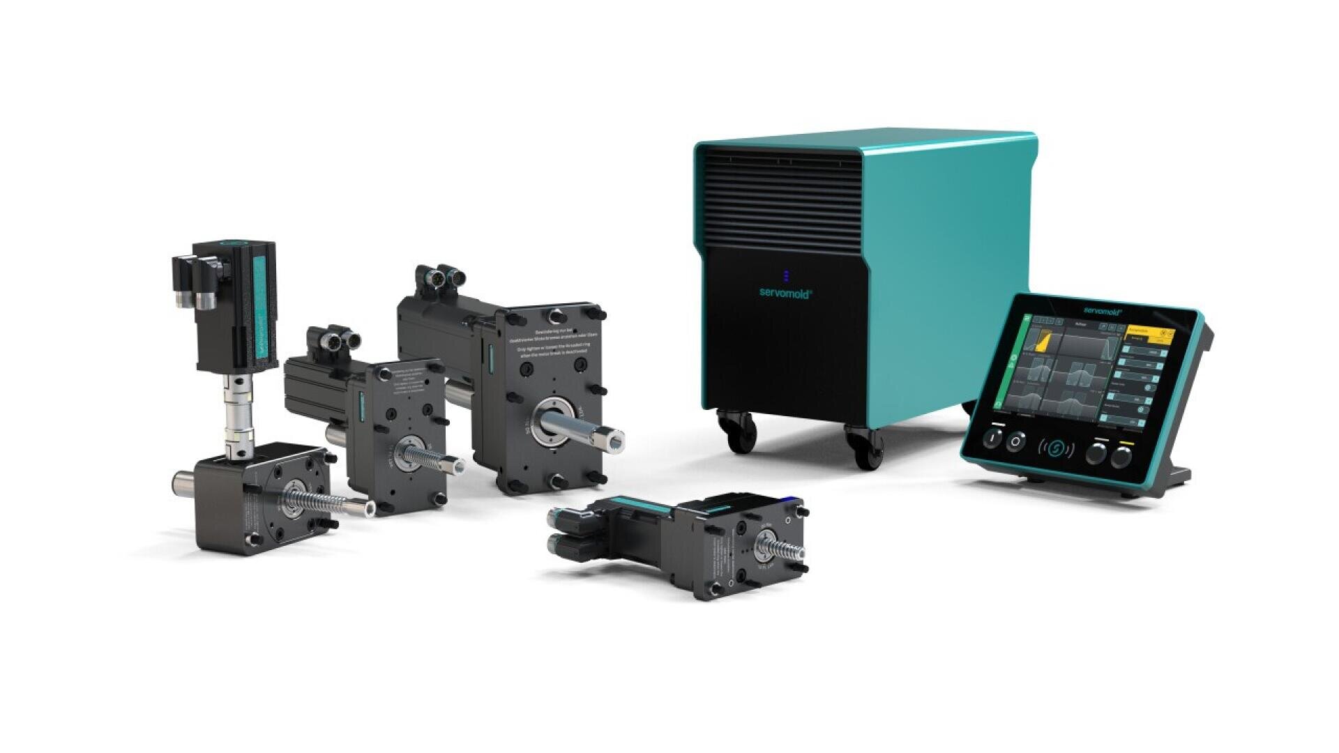 Four industrial actuators are displayed in front of a rectangular control unit on wheels and a touchscreen control panel showing interface graphics; all devices have black and teal accents.