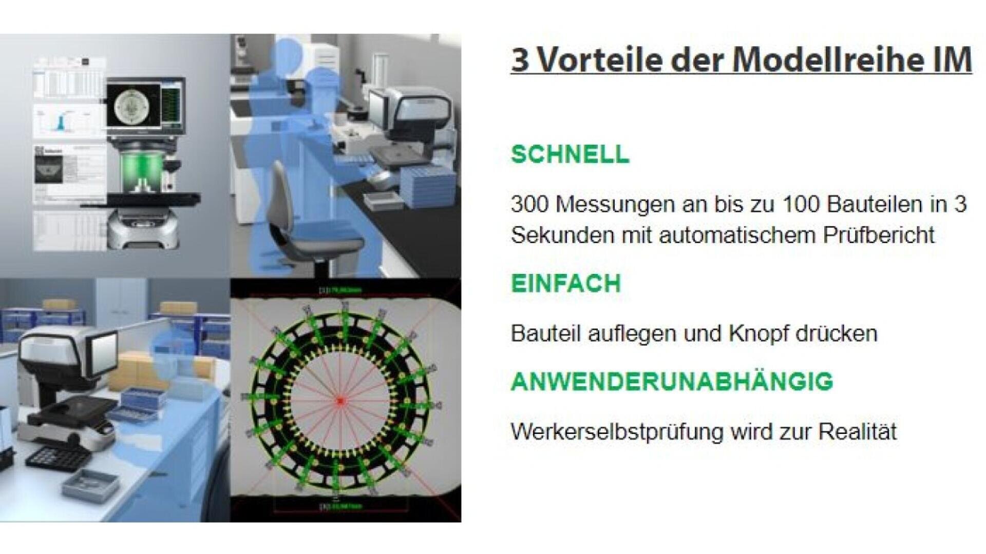 A collage shows automated measurement equipment in a lab setting, sample test results, and text highlighting three advantages of the IM series: fast measurements, easy operation, and user-independent automated quality control.
