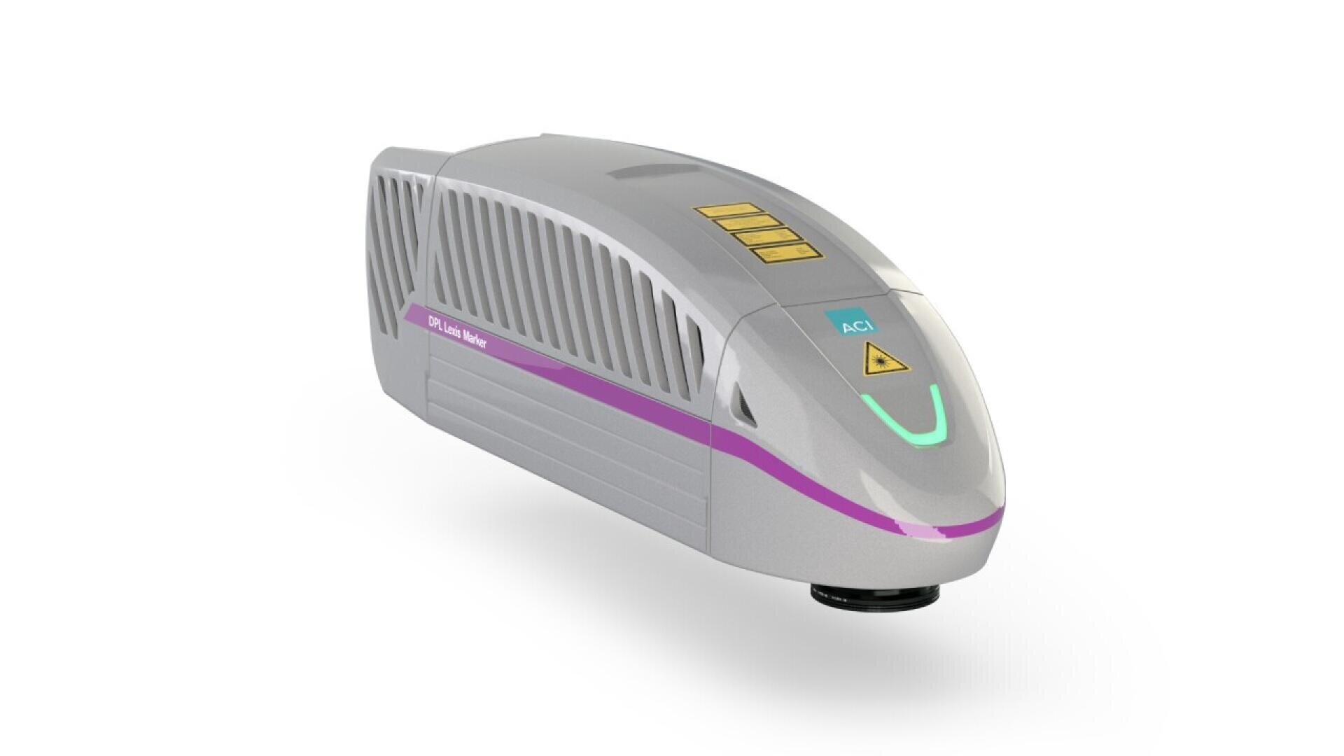 A sleek, gray, handheld electronic device with vent-like sides, a purple stripe, several gold buttons, a blue ACI label, and a glowing U-shaped light on the front.