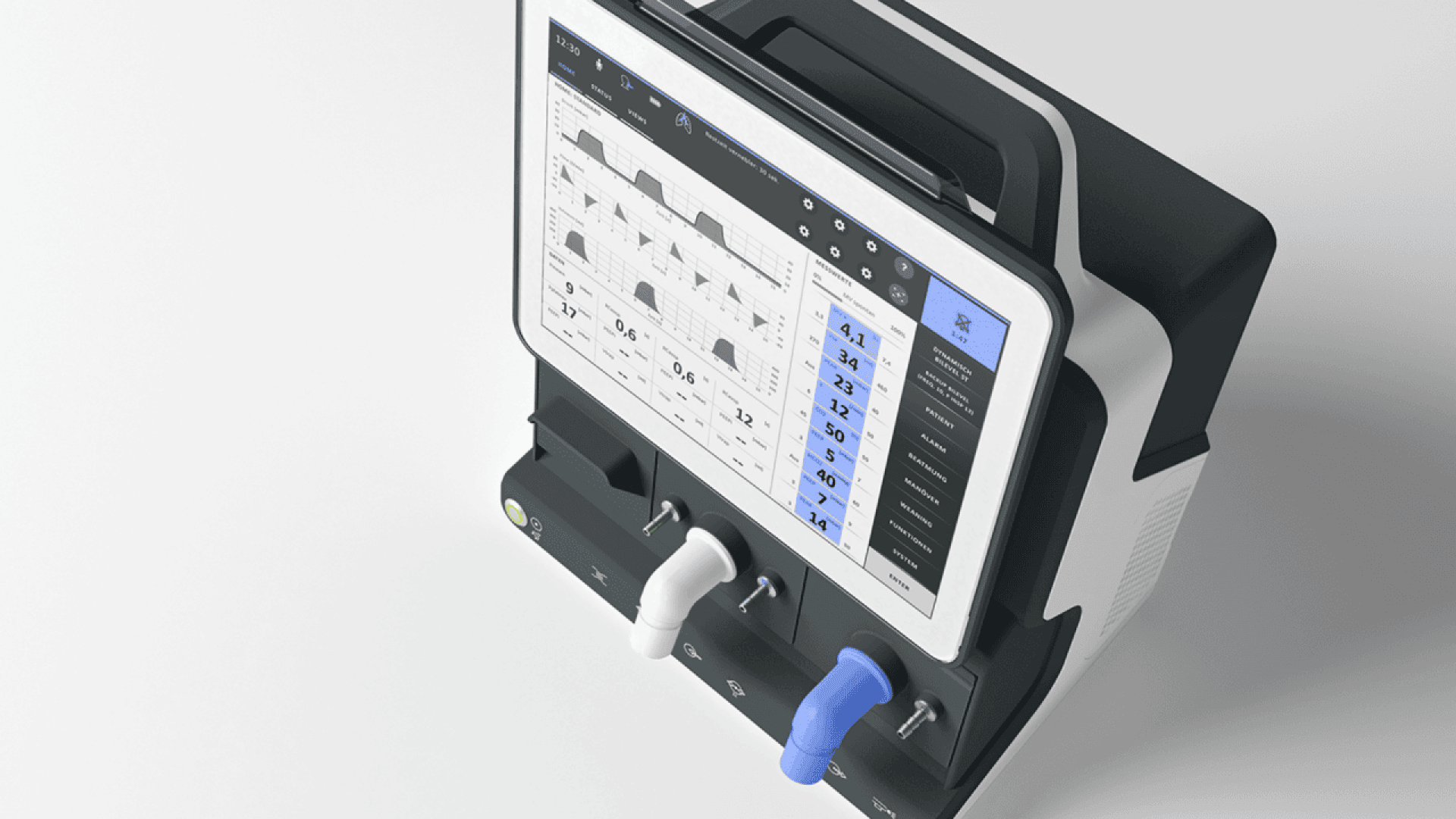 A modern medical ventilator with a digital display showing respiratory graphs and data, and three control knobs below—white, blue, and grey—on a sleek, light-colored surface.
