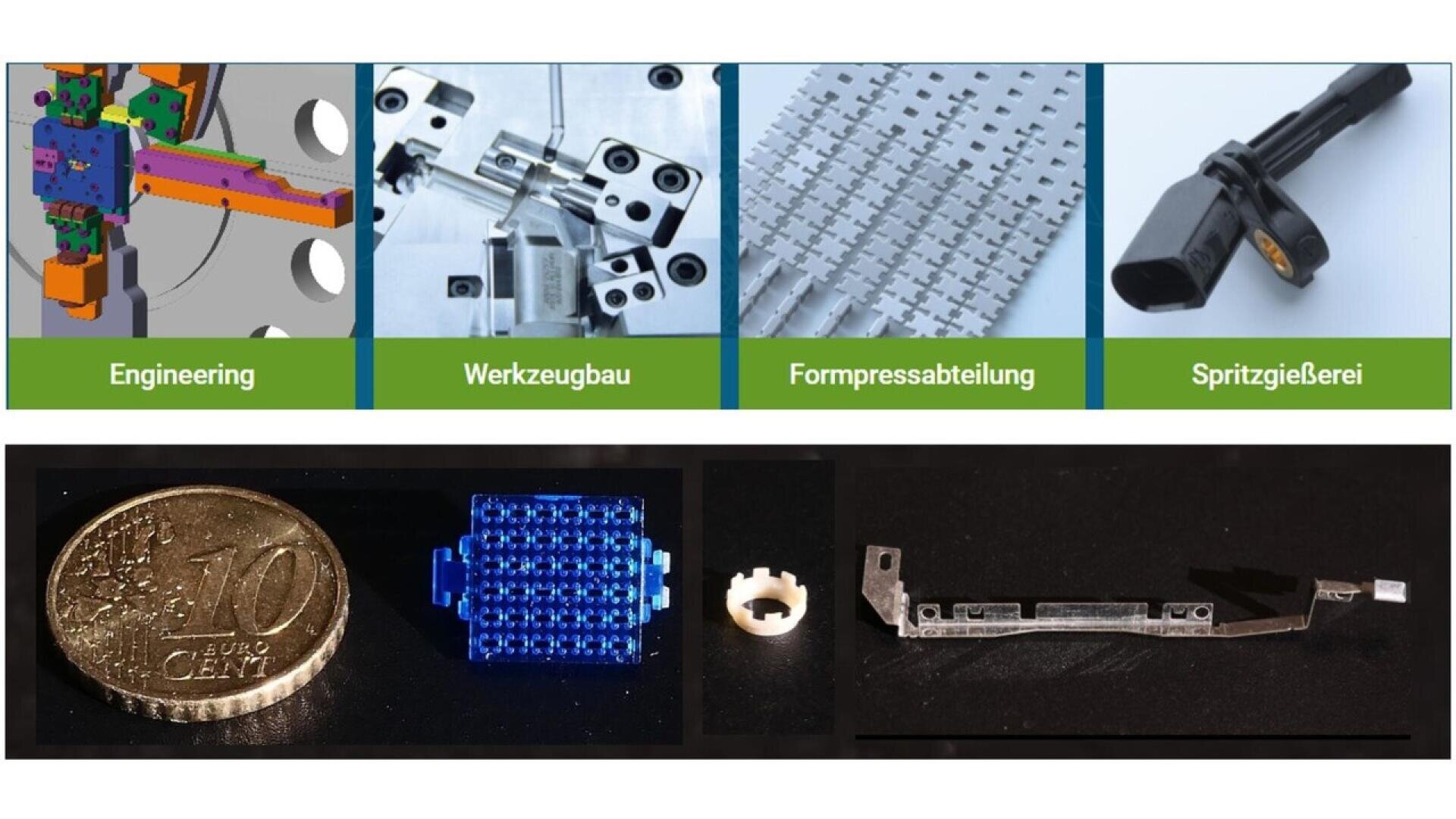 A collage shows diagrams and photos of engineering, toolmaking, mold-making, and injection molding, along with small technical parts and a 10-cent coin for size comparison.