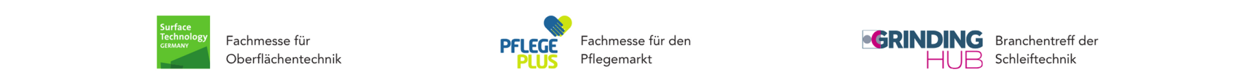 Drei Logos mit deutschem Text: Fachmesse für Oberflächentechnik, PFLEGE PLUS Fachmesse für den Pflegebereich und GRÜNDUNG HUB Branchenbereich der Südwestmesse. Sie repräsentieren jeweils einen anderen Messebereich.