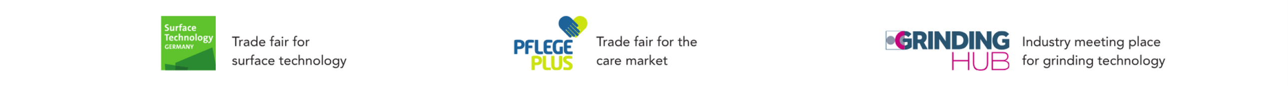Logos and names of three trade fairs: Surface Technology, Parts2Clean, and GrindingHub, each with brief taglines describing their focus markets: surface technology, parts cleaning, and grinding technology, respectively.