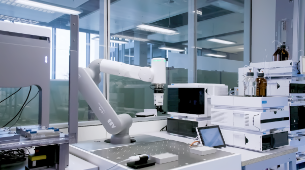 A robotic arm operates in a modern laboratory, surrounded by scientific equipment, computers, bottles, and glassware on countertops, with large windows in the background.