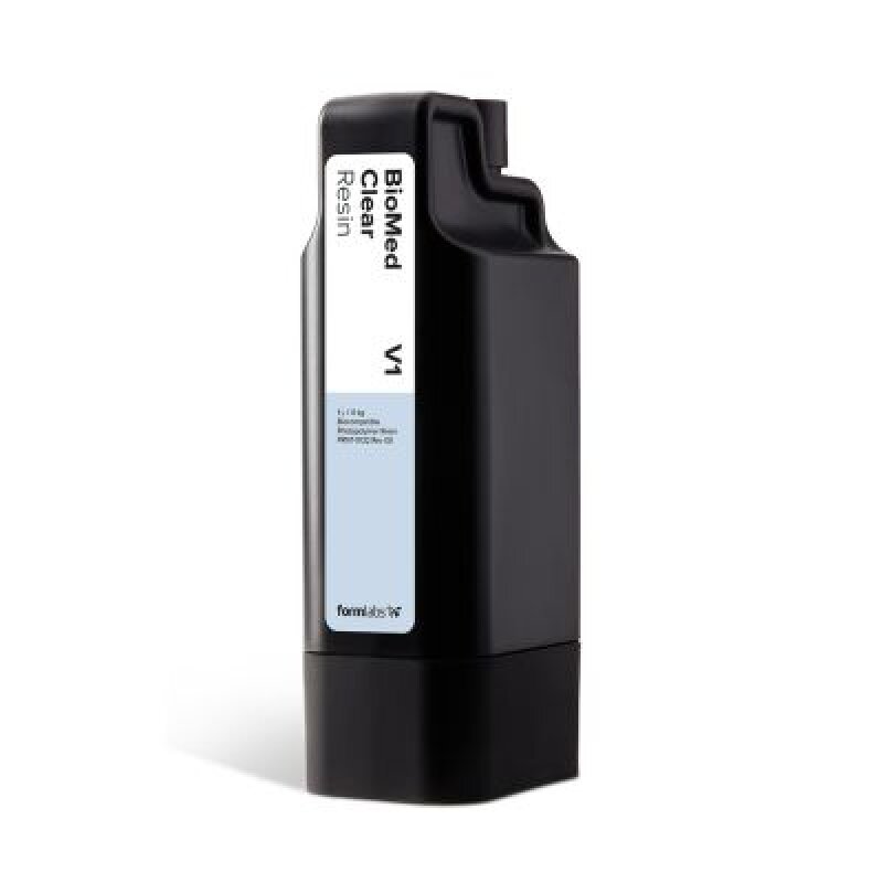 A black cartridge labeled BioMed Clear Resin V1 with a light blue label, intended for use with Formlabs 3D printers, stands upright against a white background.