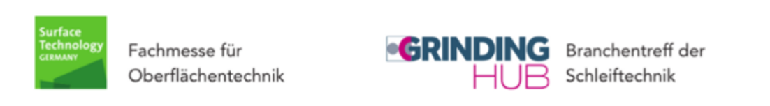 Logos für zwei Fachmessen: Surface Technology GERMANY Fachmesse für Oberflächentechnik mit einem grünen quadratischen Logo und GRINDING HUB Branchentreff der Schleiftechnik mit blauem und rosa Text.