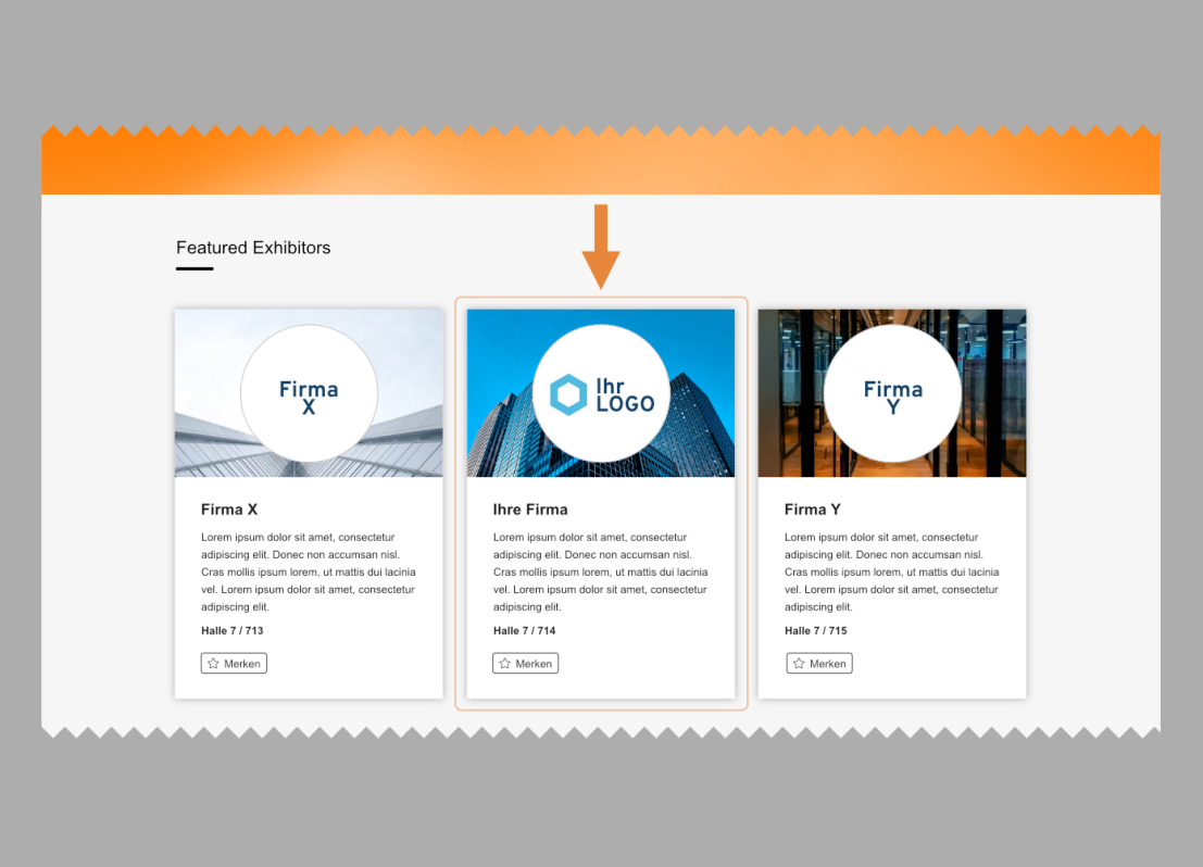 A web page section titled Featured Exhibitors displays three exhibitor cards. The center card is highlighted with an orange arrow and features a hexagon logo labeled Ihr LOGO. Each card includes a brief business description.