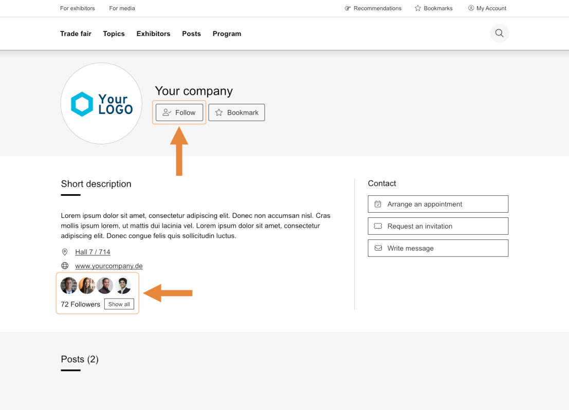 A company profile page showing a logo, Follow and Bookmark buttons, a short description, website link, and follower count with profile icons. Orange arrows highlight the Follow button and followers section.