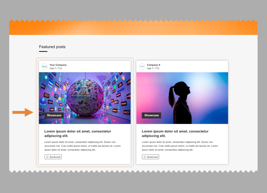A webpage section titled Featured posts displays two blog cards. The left card shows a globe surrounded by digital screens; the right card shows a silhouette of a woman against a colorful background. An orange arrow points to the left card.