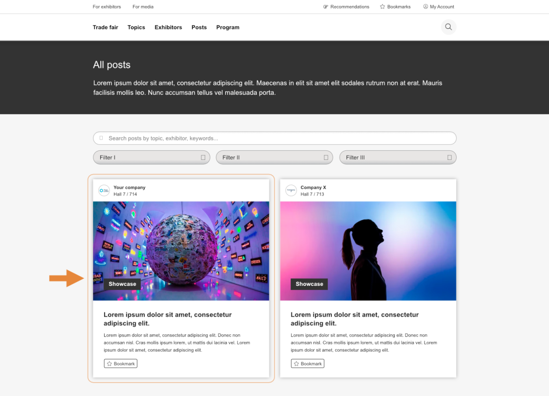 A website page displaying a list of posts. The first post is highlighted with an orange arrow. It features a large globe surrounded by colorful screens, labeled Showcase. The second post shows a silhouetted person and is not highlighted.
