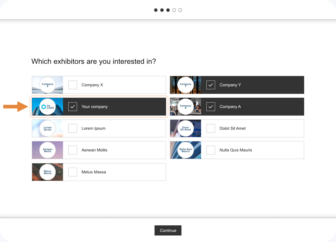 Exhibitor selection screen showing companies listed in rows with checkboxes. An orange arrow points to Your company, which is highlighted. The Continue button is at the bottom of the screen.